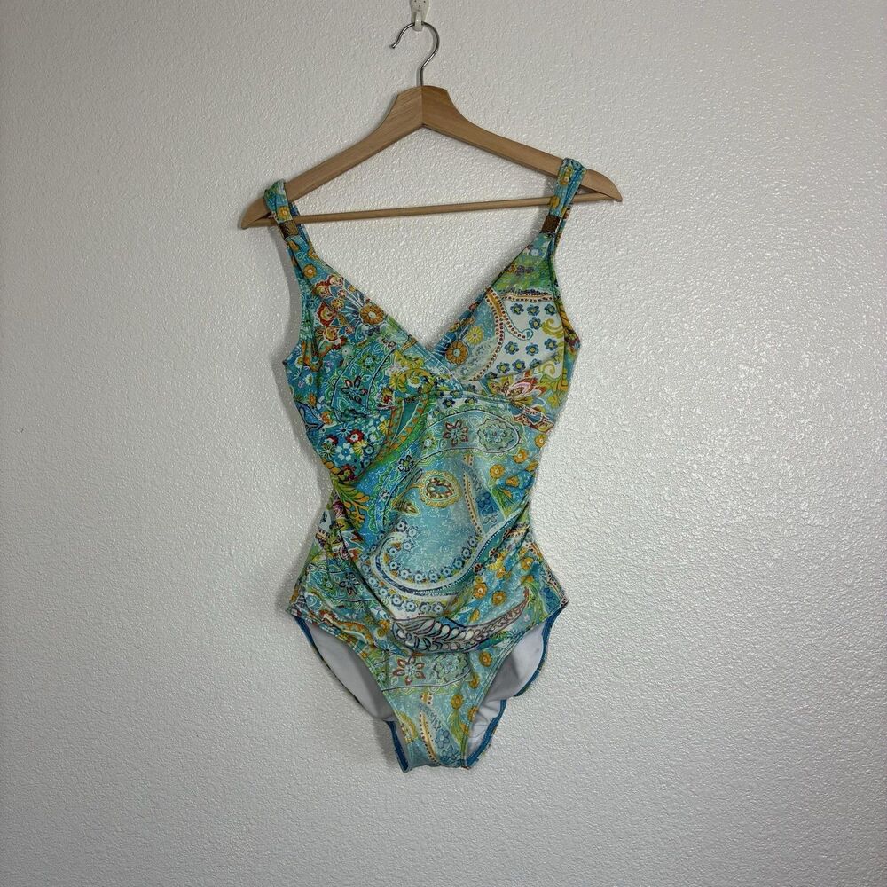 Lauren Ralph Lauren One Piece Swimsuit Womens 6 Multicolor Paisley Ruched Buckle